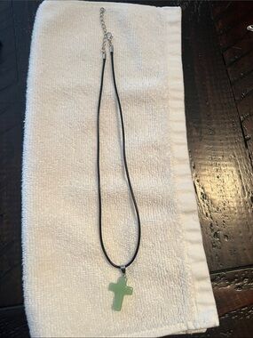 Green Cross Pendant Necklace on Black Cord